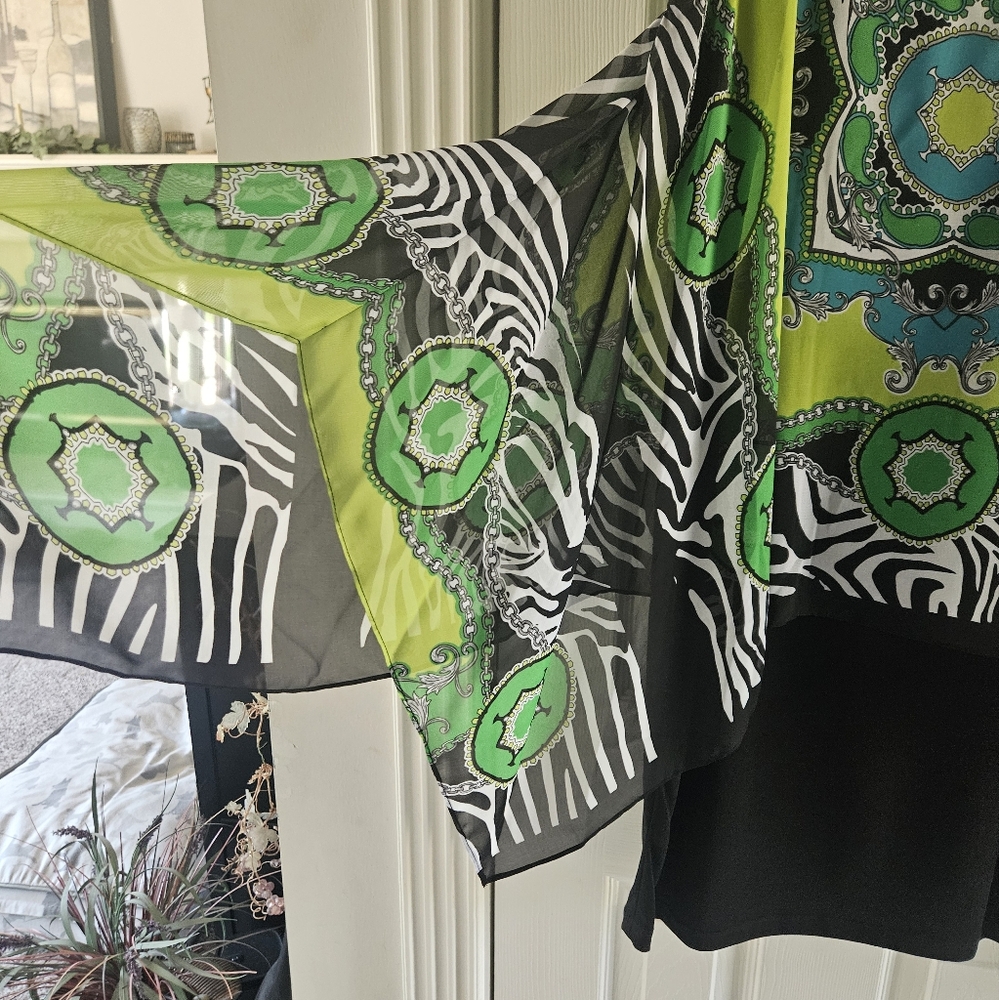 Vibrant Green/Black Sleeveless Dress With Handkerchief Scarf Overlay, Sz 6, EUC - Picture 6 of 7